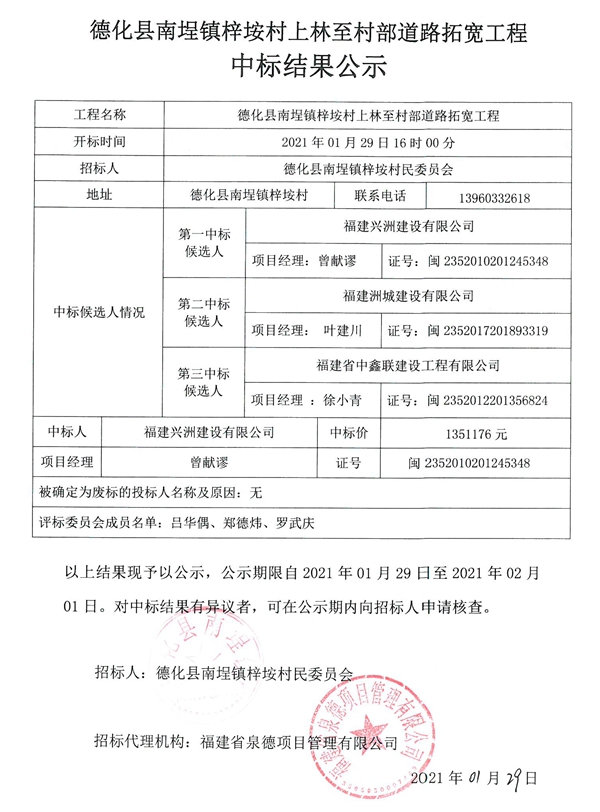 德化县南埕镇梓垵村上林至村部道路拓宽工程中标结果公示 - 憨鼠网