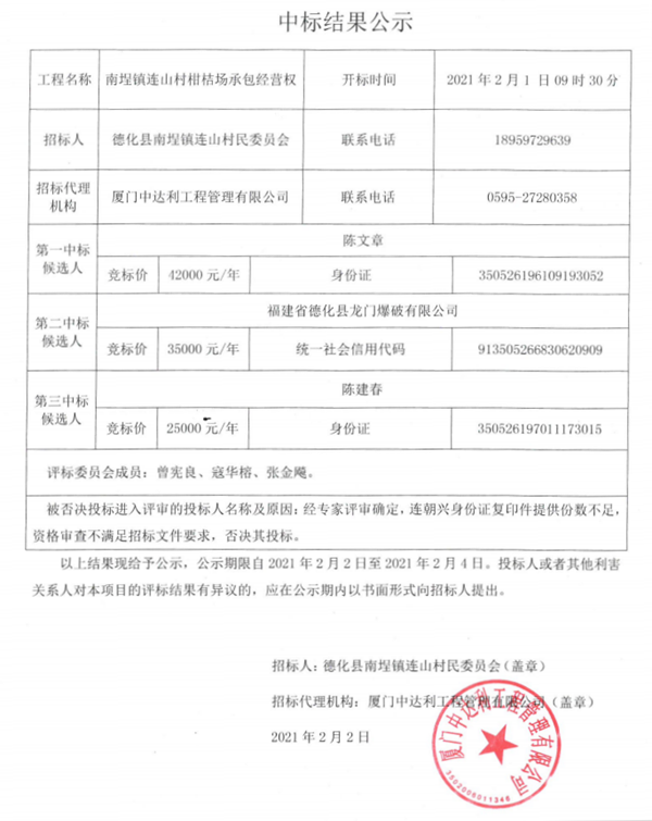 南埕镇连山村柑桔场承包经营权中标结果公示 - 憨鼠网