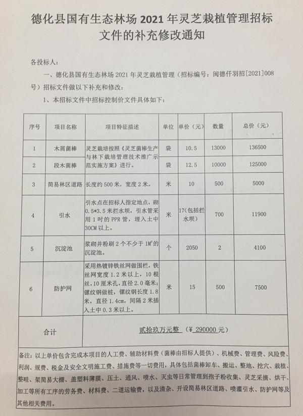 德化县国有生态林场2021年灵芝栽植管理招标文件的补充修改通知 - 憨鼠网