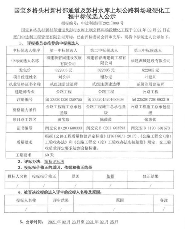 国宝乡格头村新村部通道及彭村水库上坝公路料场段硬化工程中标候选人公示 - 憨鼠网