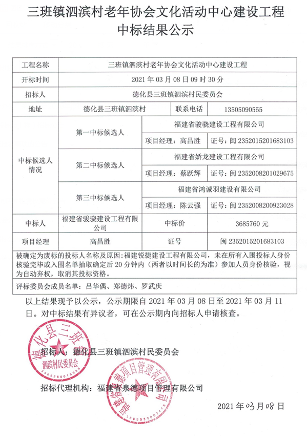 三班镇泗滨村老年协会文化活动中心建设工程中标结果公示 - 憨鼠网