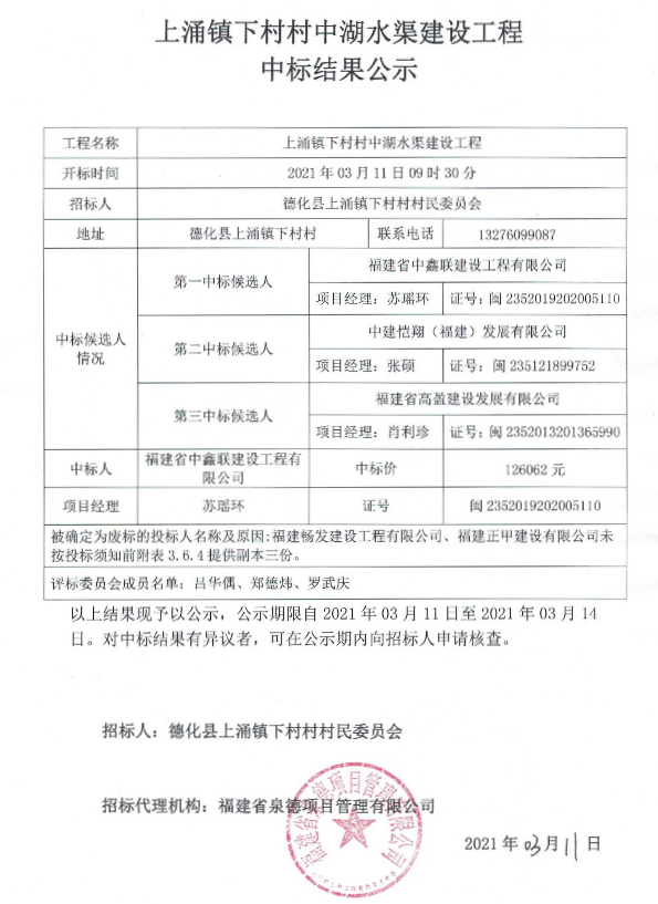 上涌镇下村村中湖水渠建设工程中标结果公示 - 憨鼠网