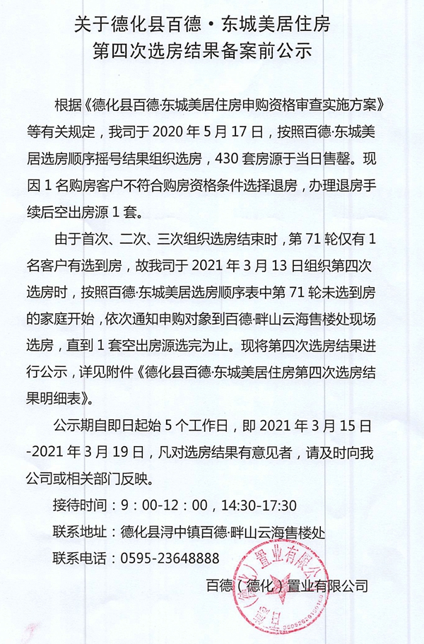 关于德化县百德·东城美居住房第四次选房结果备案前公示 - 憨鼠网