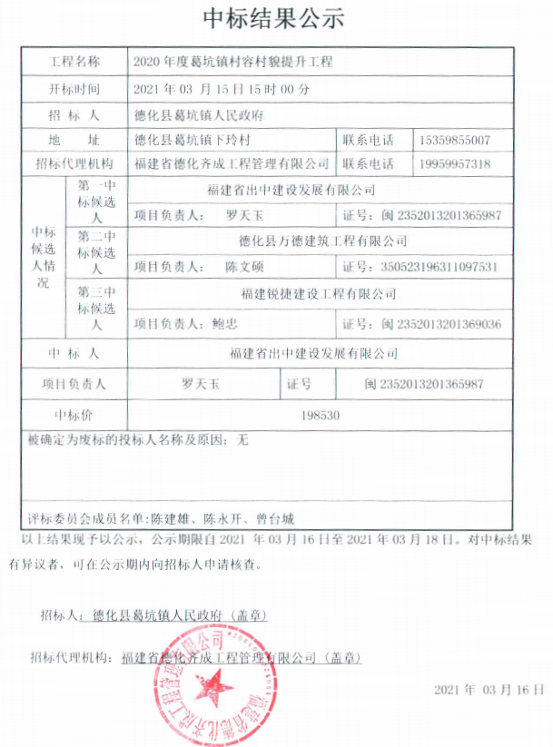 2020年度葛坑镇村容村貌提升工程中标结果公示 - 憨鼠网