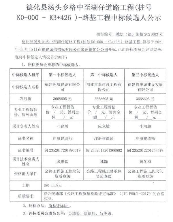 德化县汤头乡格中至湖仔道路工程（桩号K0+000-K3+426）-路基工程中标候选人公示 - 憨鼠网