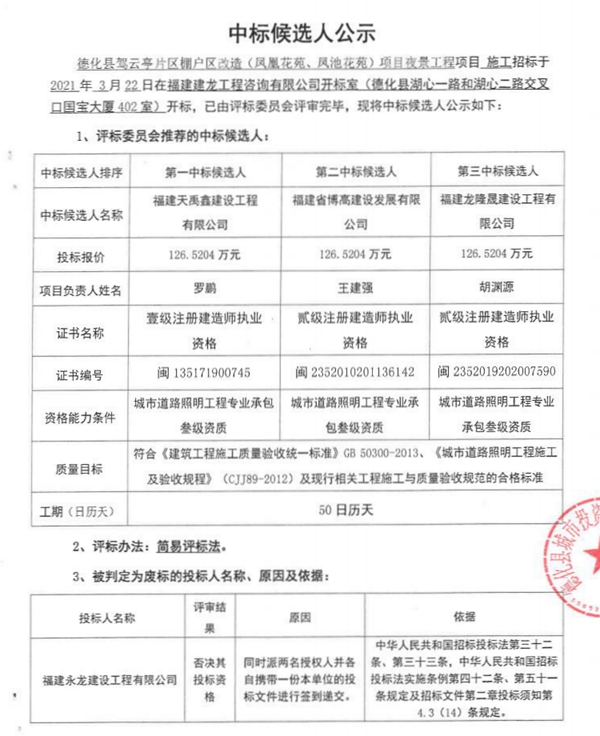 德化县驾云亭片区棚户区改造（凤凰花苑、凤池花苑）项目夜景工程项目施工中标候选人公示 - 憨鼠网