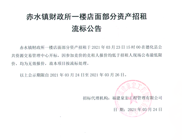 赤水镇财政所一楼店面部分资产招租流标公告 - 憨鼠网