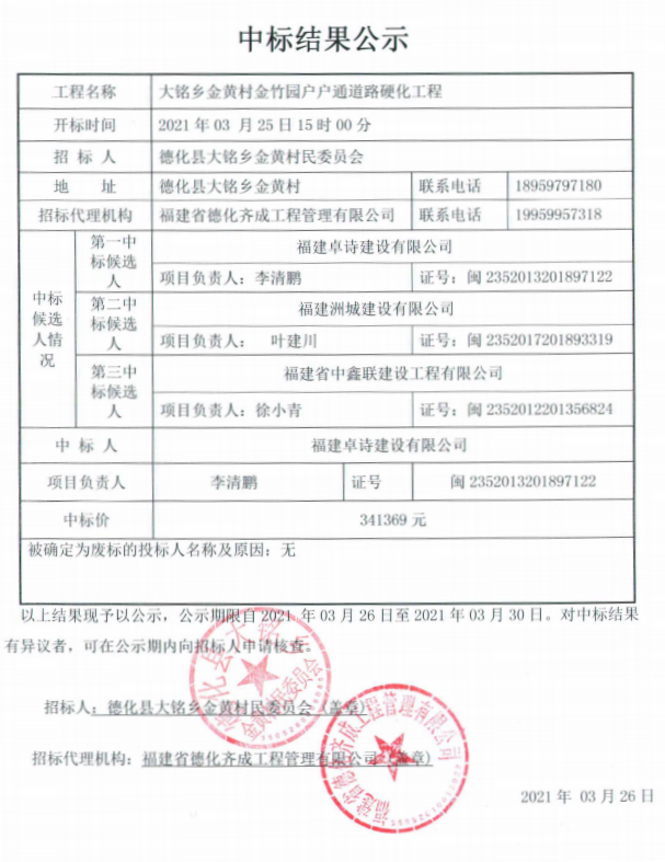 大铭乡金黄村金竹园户户通道路硬化工程中标结果公示 - 憨鼠网