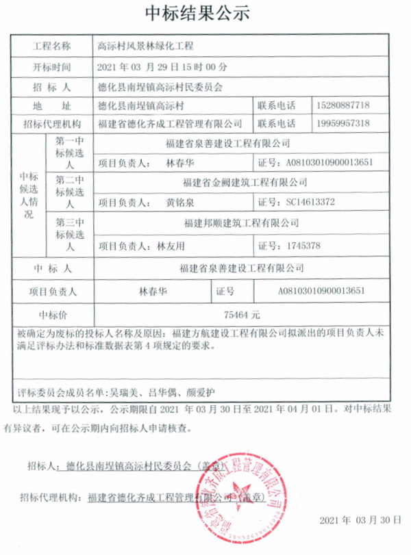 高沶村风景林绿化工程中标结果公示 - 憨鼠网