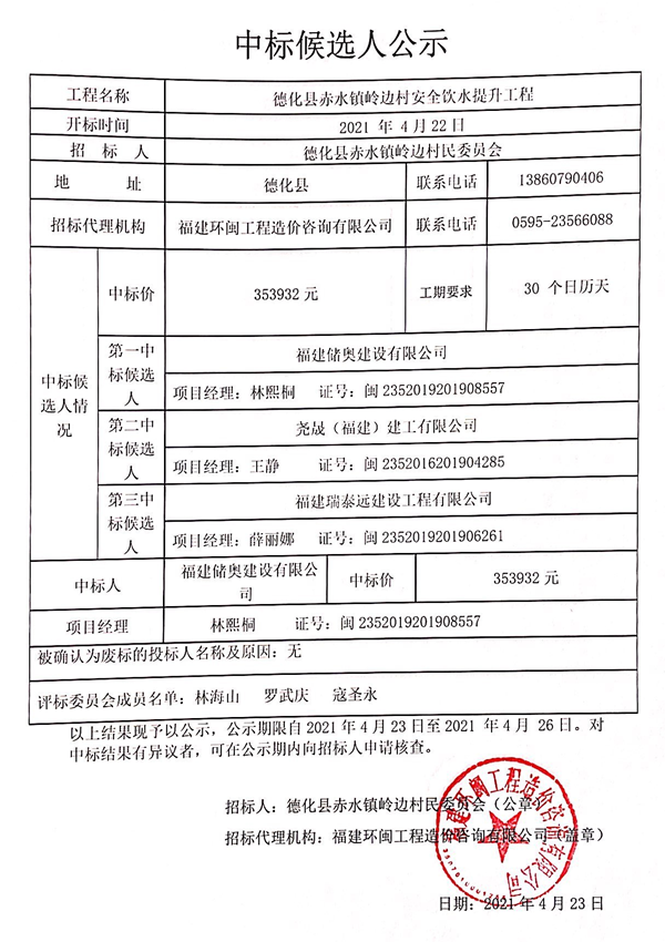 德化县赤水镇岭边村安全饮水提升工程中标候选人公示 - 憨鼠网