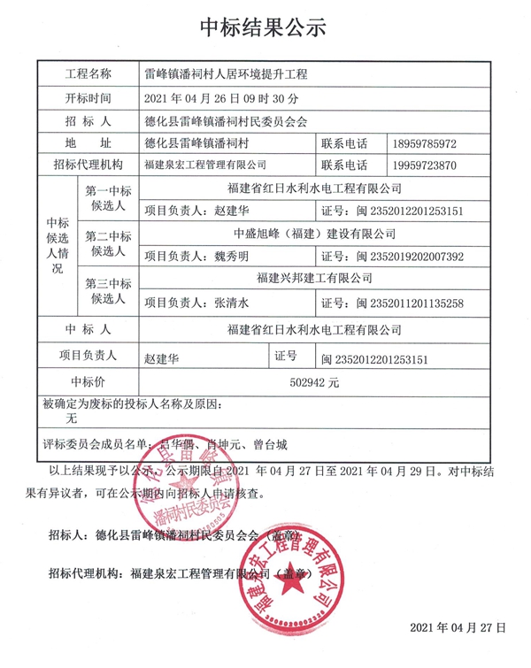 雷峰镇潘祠村人居环境提升工程中标结果公示 - 憨鼠网