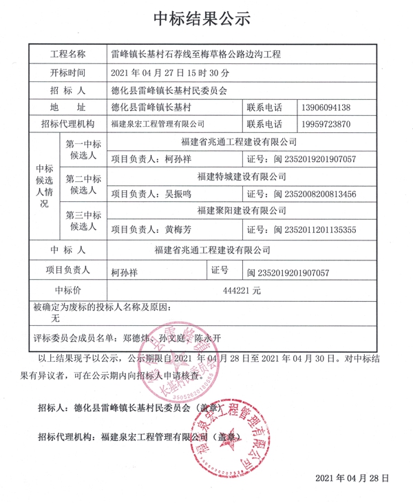 雷峰镇长基村石荐线至梅草格公路边沟工程中标结果公示 - 憨鼠网