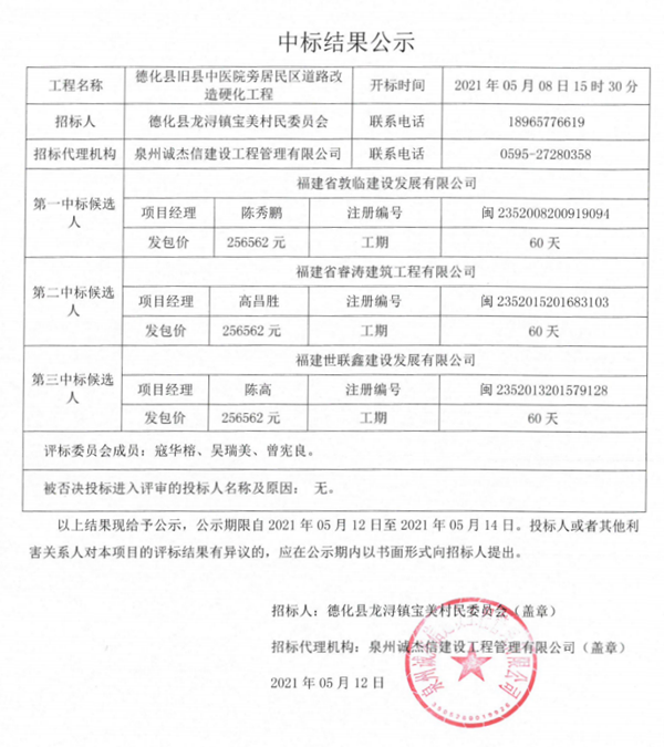 德化县旧县中医院旁居民区道路改造硬化工程中标结果公示 - 憨鼠网