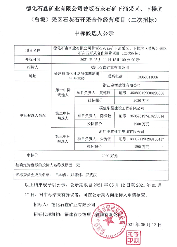 德化石鑫矿业有限公司曾坂石灰石矿下涌采区、下楼坑（曾坂）采区石灰石开采合作经营项目（二次招标）中标候选人公示 - 憨鼠网