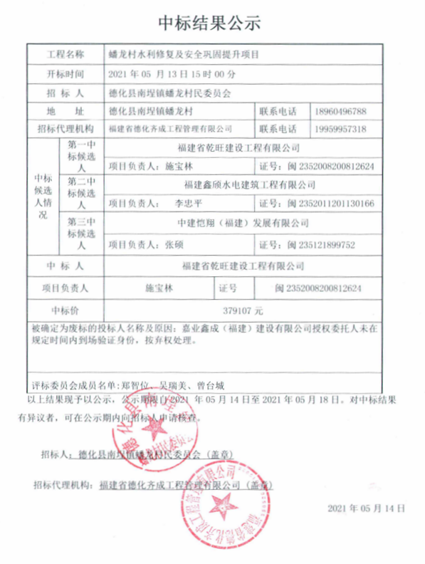 蟠龙村水利修复及安全巩固提升项目中标结果公示 - 憨鼠网