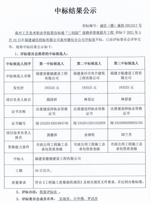 泉州工艺美术职业学院瓷谷仙境“三创园”道路和景观提升工程中标结果公示 - 憨鼠网