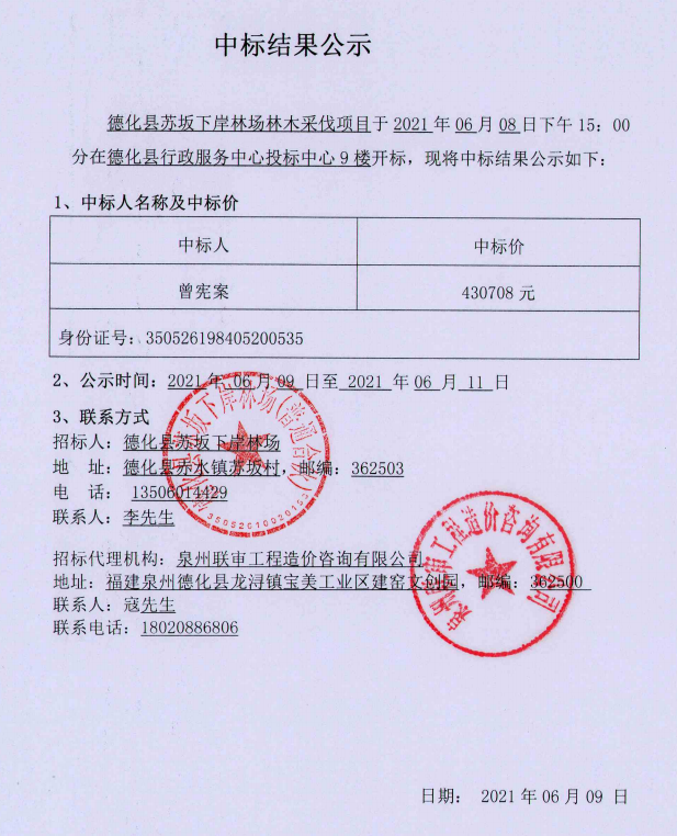 德化县苏坂下岸林场林木采伐项目中标结果公示 - 憨鼠网