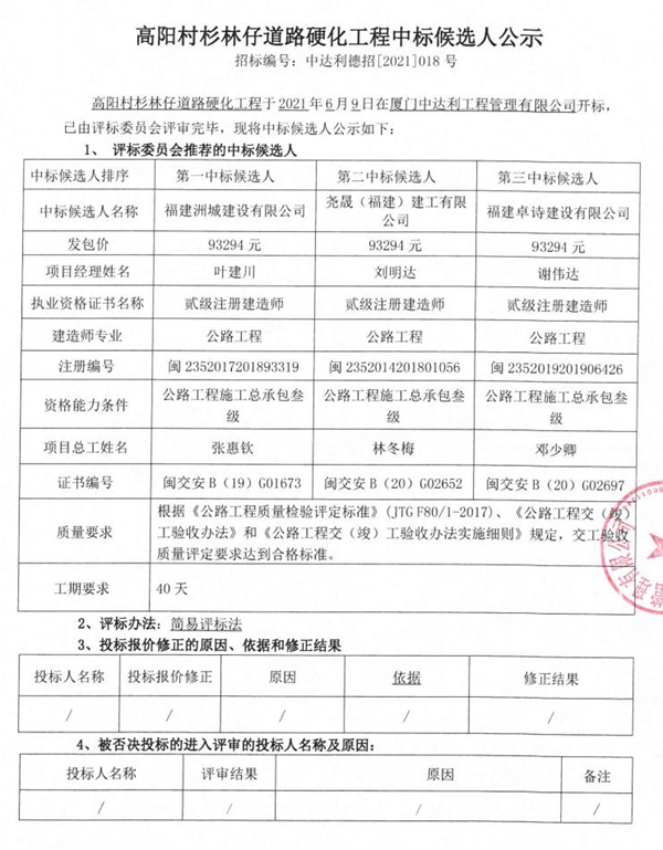 高阳村杉林仔道路硬化工程中标候选人公示 - 憨鼠网