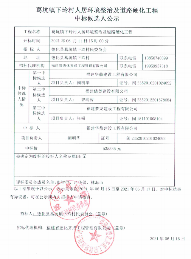 葛坑镇下玲村人居环境整治及道路硬化工程中标候选人公示 - 憨鼠网