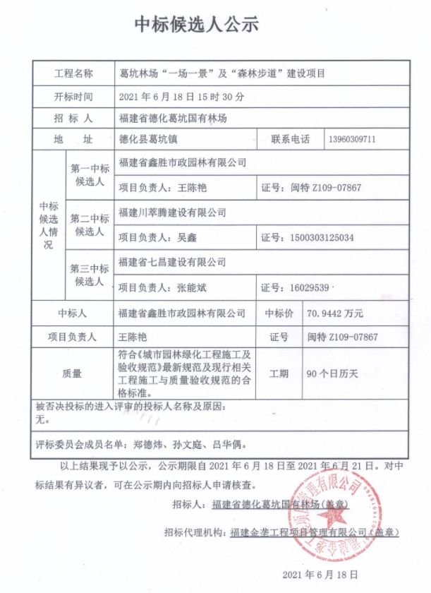 葛坑林场“一场一景”及“森林步道”建设项目中标结果公示 - 憨鼠网