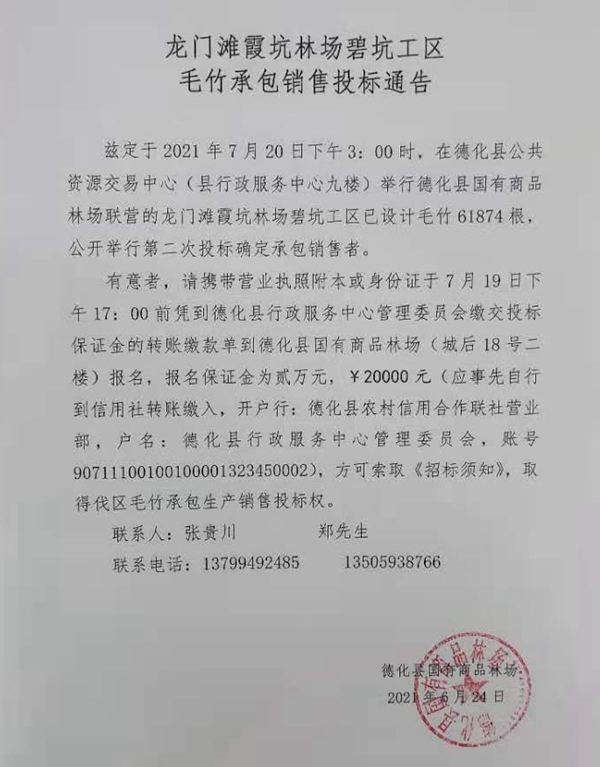 龙门滩霞坑林场碧坑工区毛竹承包销售投标通告 - 憨鼠网