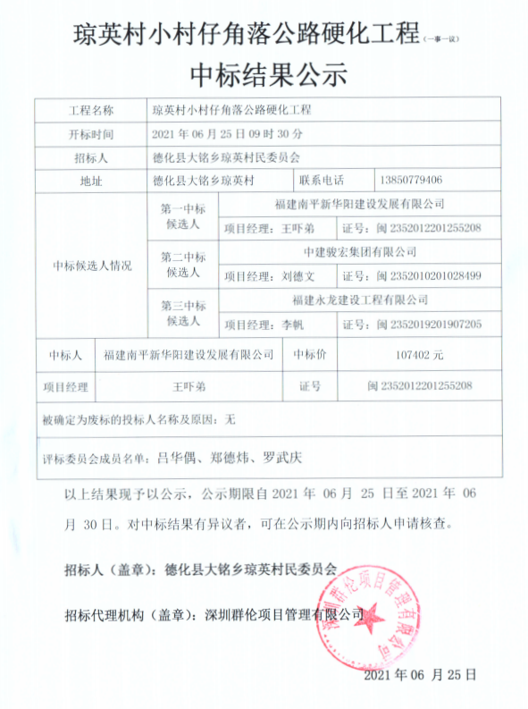 琼英村小村仔角落公路硬化工程中标结果公示 - 憨鼠网