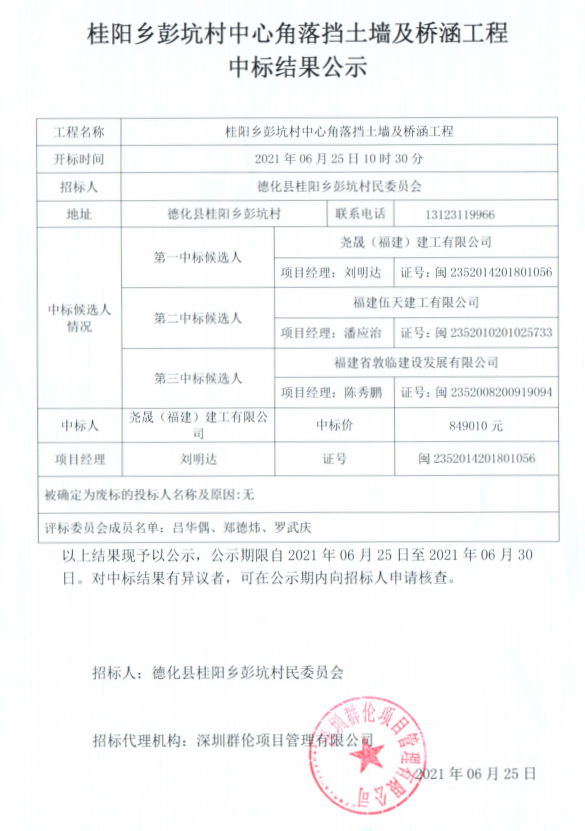 桂阳乡彭坑村中心角落挡土墙及桥涵工程中标结果公示 - 憨鼠网