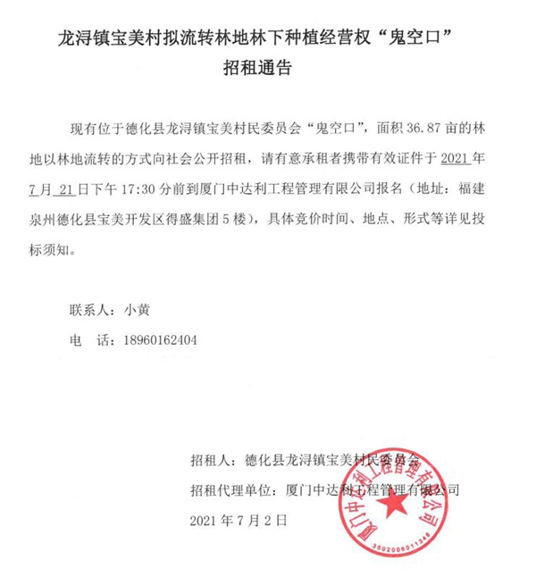 龙浔镇宝美村拟流转林地林下种植经营权“鬼空口”招租通告 - 憨鼠网