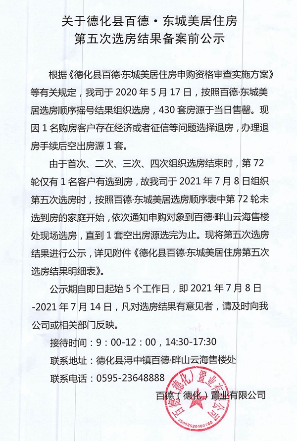 关于德化县百德·东城美居住房第五次选房结果备案前公示 - 憨鼠网