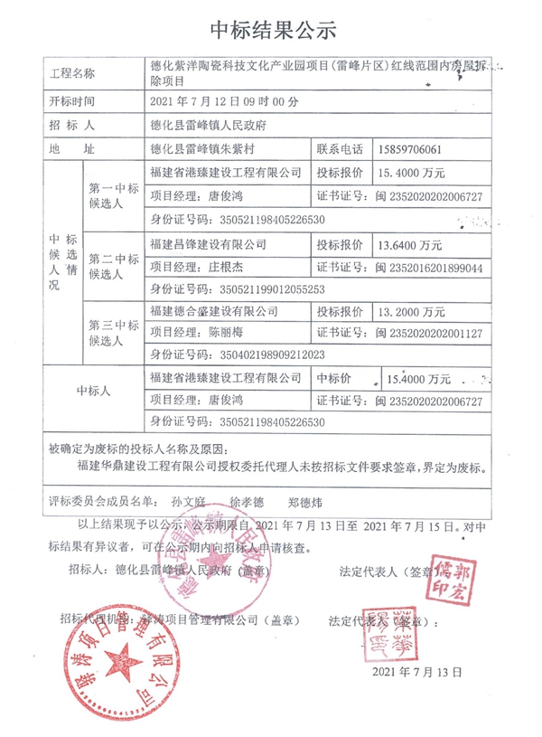 德化紫洋陶瓷科技文化产业园项目（雷峰片区）红线范围内房屋拆除项目中标结果公示 - 憨鼠网