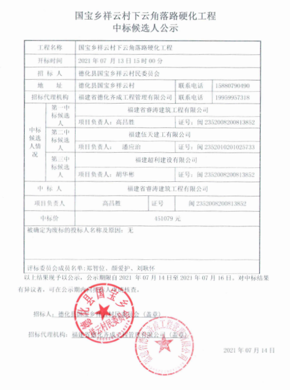 国宝乡祥云村下云角落路硬化工程中标候选人公示 - 憨鼠网
