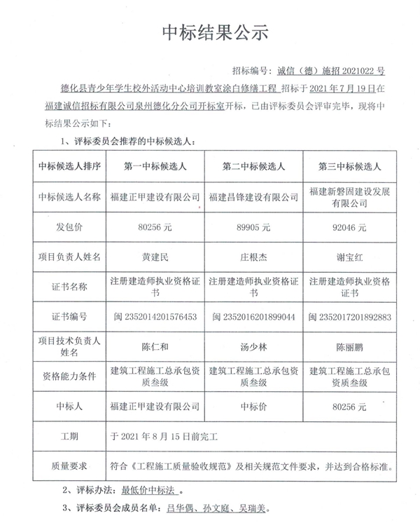 德化县青少年学生校外活动中心培训教室涂白修缮工程中标结果公示 - 憨鼠网