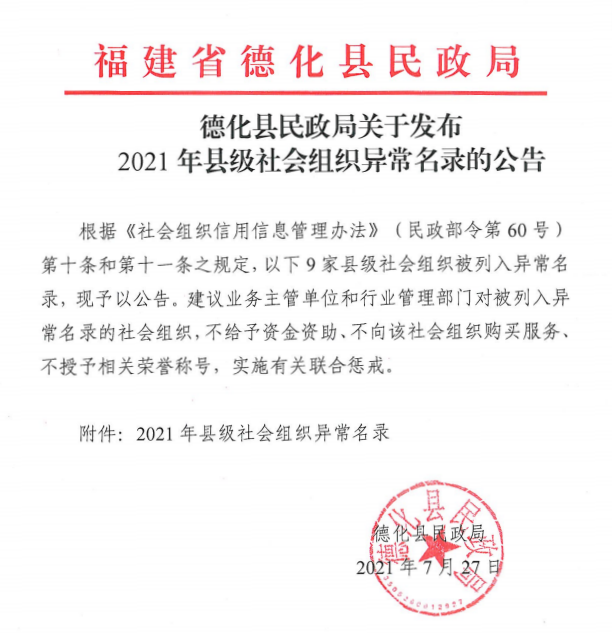 德化县民政局关于发布2021年县级社会组织异常名录的公告 - 憨鼠网