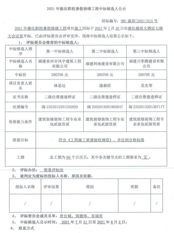 2021年德化职校暑假修缮工程中标候选人公示 - 憨鼠网