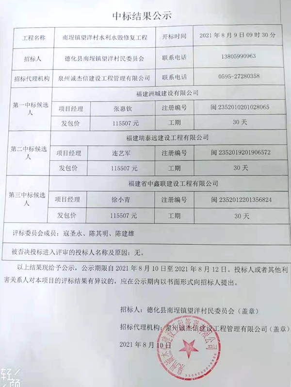 南埕镇望洋村水利水毁修复工程中标结果公示 - 憨鼠网