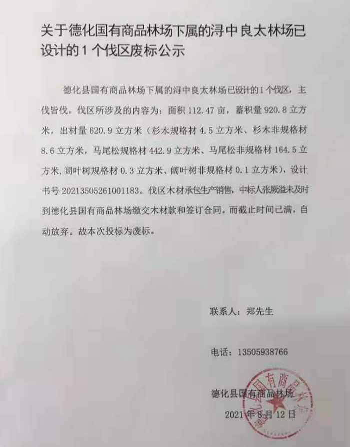 关于德化国有商品林场下属的浔中良太林场已设计的1个伐区废标公示 - 憨鼠网