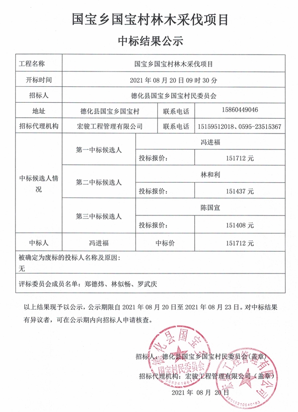 国宝乡国宝村林木采伐项目中标结果公示 - 憨鼠网
