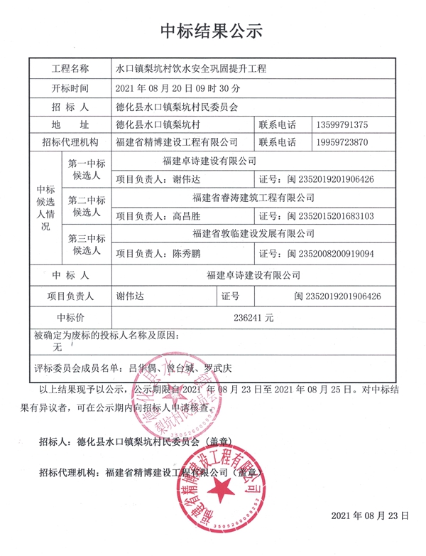 水口镇梨坑村饮水安全巩固提升工程中标结果公示 - 憨鼠网
