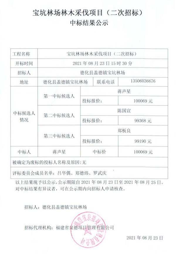 宝坑林场林木采伐项目（二次招标）中标结果公示 - 憨鼠网