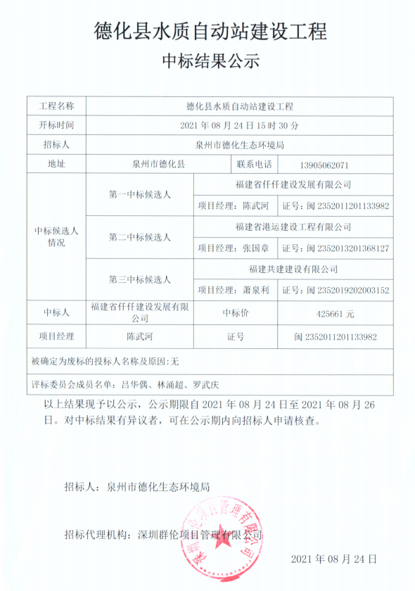 德化县水质自动站建设工程中标结果公示 - 憨鼠网