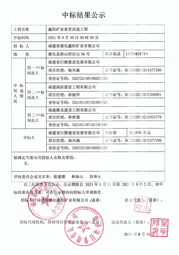 鑫阳矿业食堂改造工程中标结果公示 - 憨鼠网