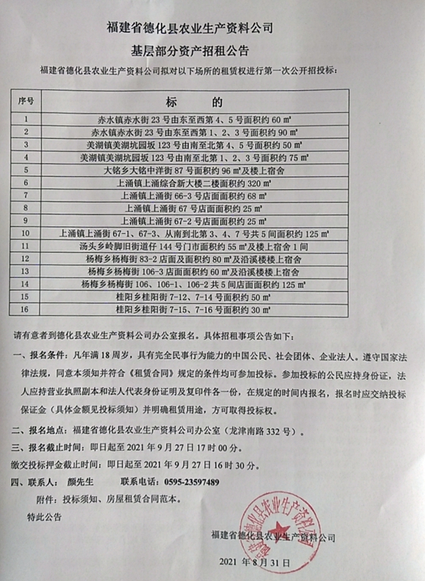 福建省德化县农业生产资料公司基层部分资产招租公告 - 憨鼠网
