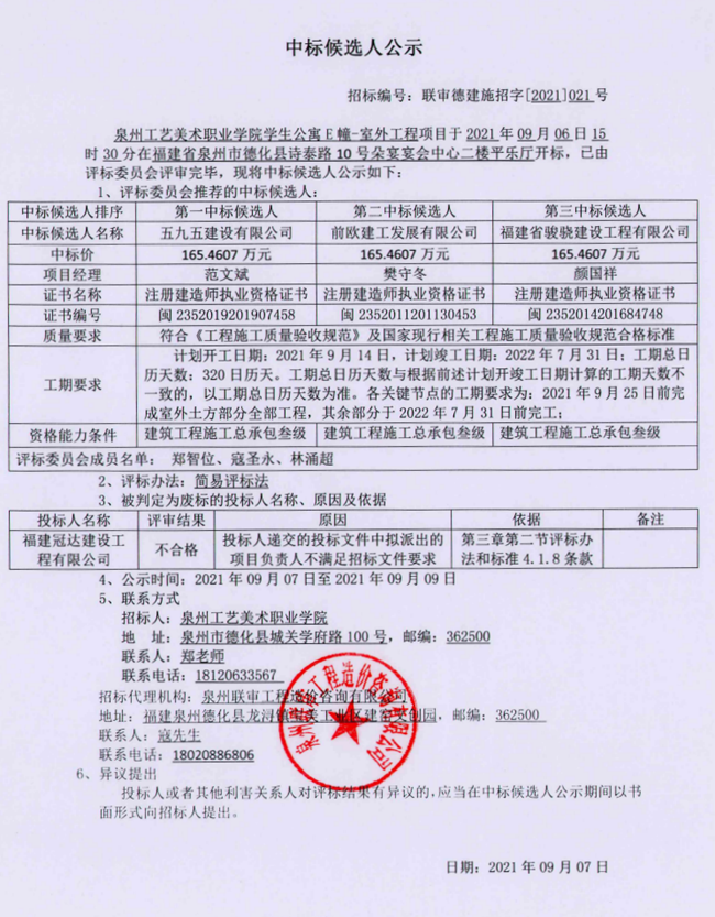 泉州工艺美术职业学院学生公寓E幢-室外工程项目中标候选人公示 - 憨鼠网