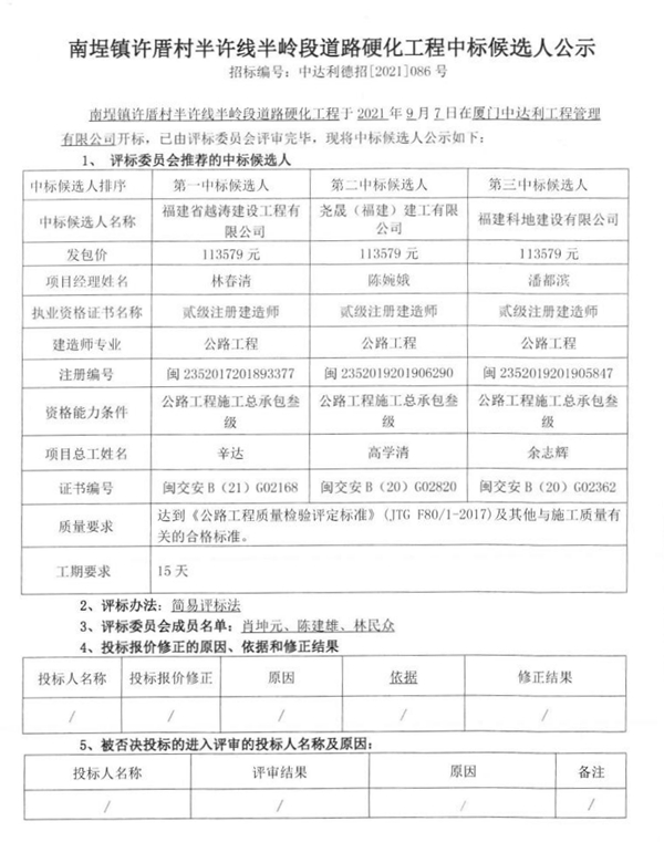 南埕镇许厝村半许线半岭段道路硬化工程中标候选人公示 - 憨鼠网