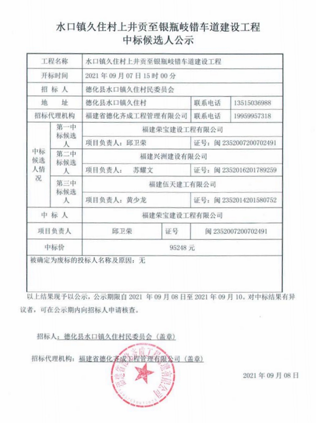 水口镇久住村上井贡至银瓶岐错车道建设工程中标候选人公示 - 憨鼠网