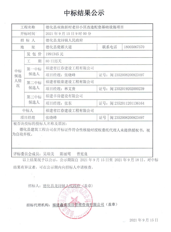 德化县双渔新村老旧小区改造配套基础设施项目中标结果公示 - 憨鼠网
