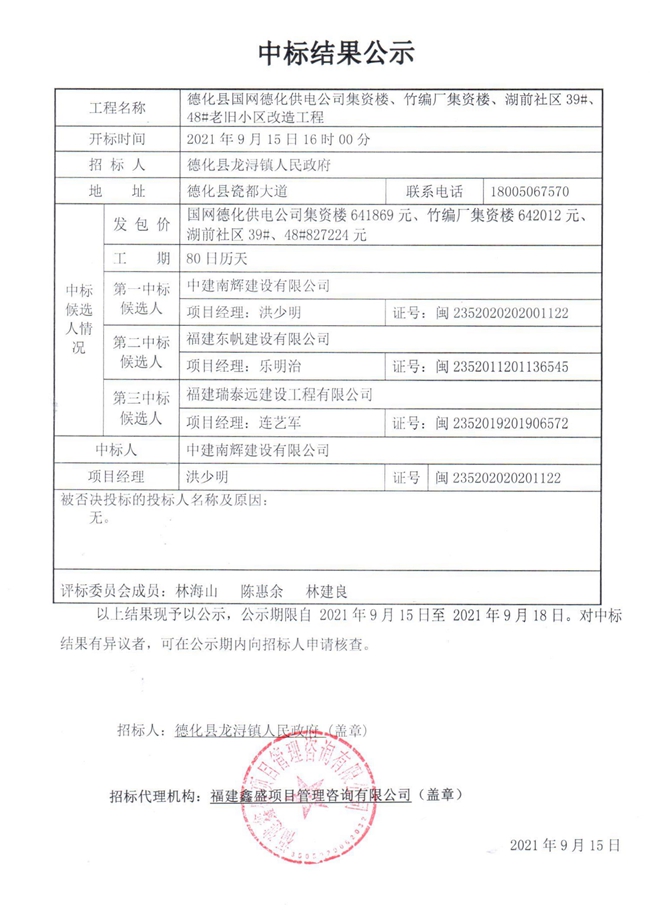 德化县国网德化供电公司集资楼、竹编厂集资楼、湖前社区39#、48#老旧小区改造工程中标结果公示 - 憨鼠网