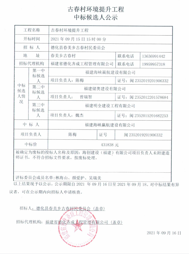 古春村环境提升工程中标候选人公示 - 憨鼠网