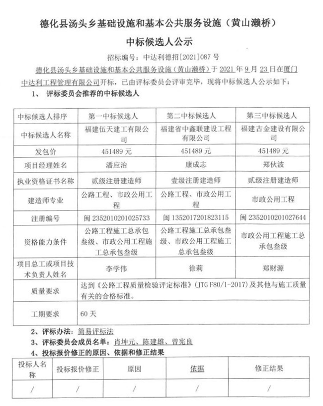 德化县汤头乡基础设施和基本公共服务设施（黄山濑桥）中标候选人公示 - 憨鼠网