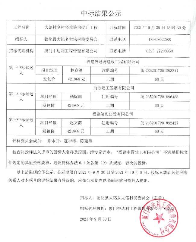 大铭村乡村环境整治提升工程中标结果公示 - 憨鼠网